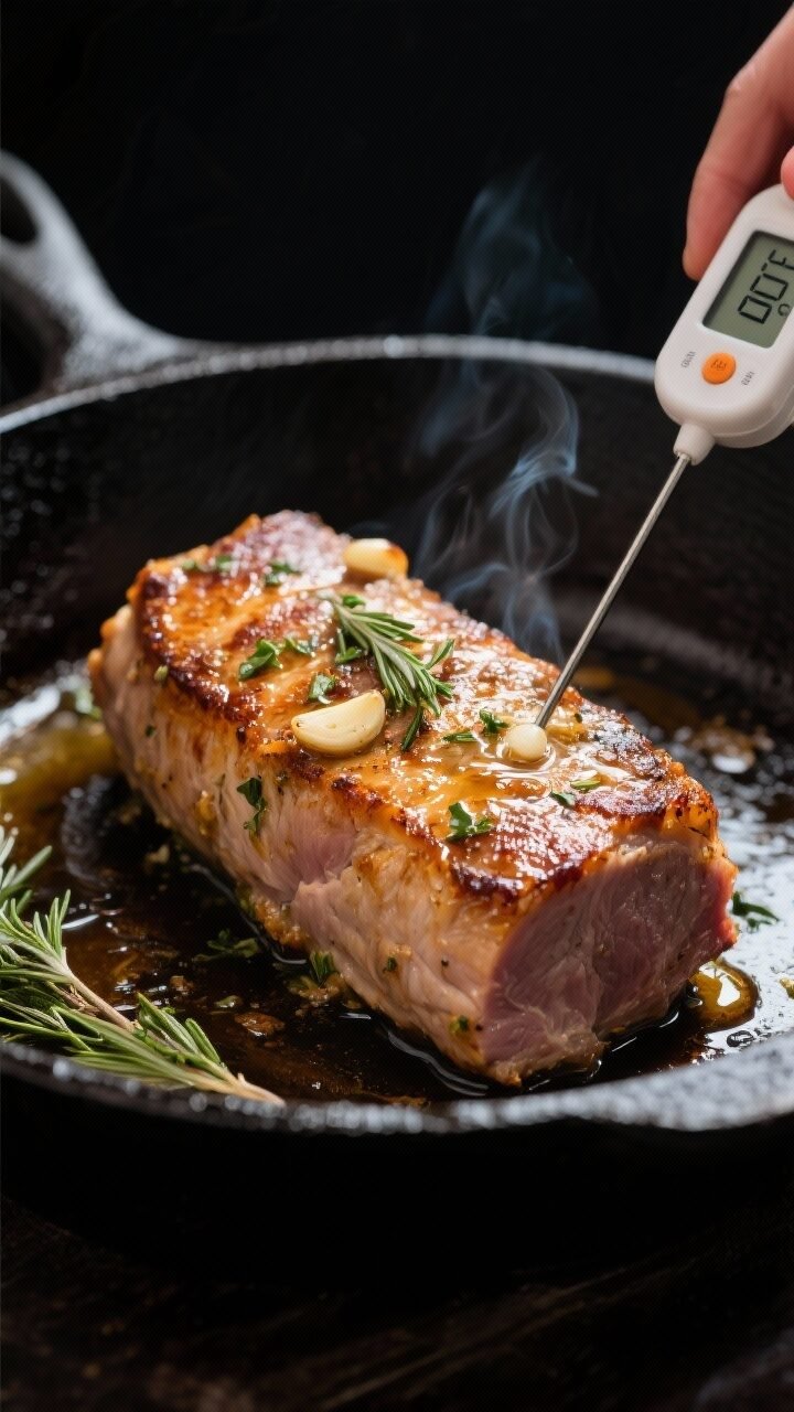 Cooking process, close-up detail: Pork tenderloin searing in a black cast-iron skillet, golden-brown