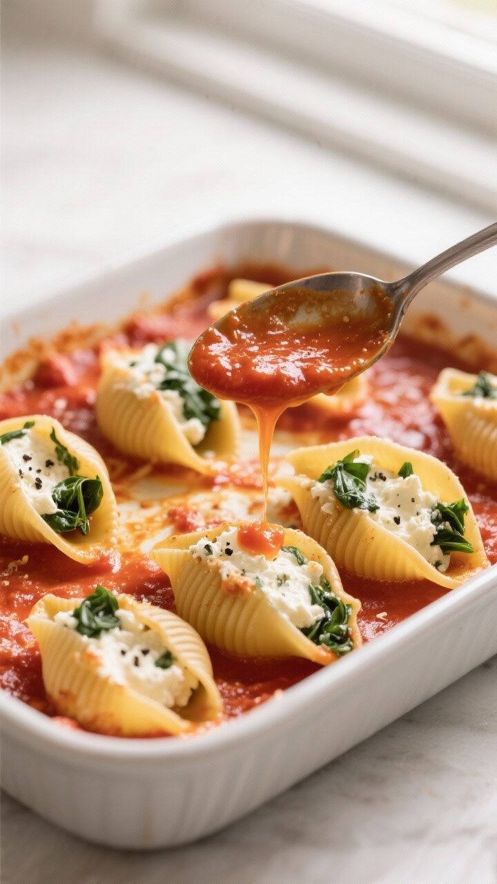 Cooking process, close-up detail: Ricotta-stuffed jumbo shells being nestled open-side up into a thi