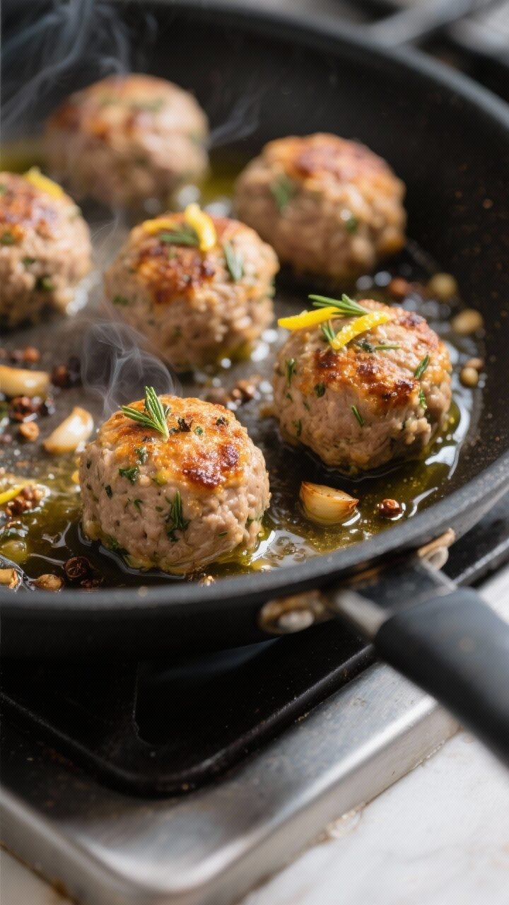 Cooking process, close-up detail: Searing Greek turkey meatballs in a large nonstick skillet, golden