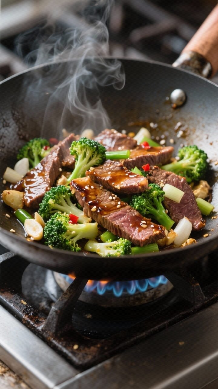 Cooking process, close-up detail: Searing thinly sliced flank steak and crisp-tender broccoli in a c