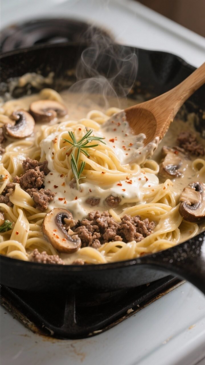 Cooking process, close-up detail: Silky mushroom-beef cream sauce being folded into just-under-al-de