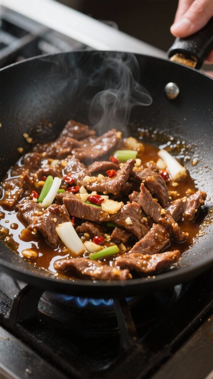 Cooking process, close-up detail: Sizzling Mongolian Beef strips in a black carbon-steel wok, mid-se