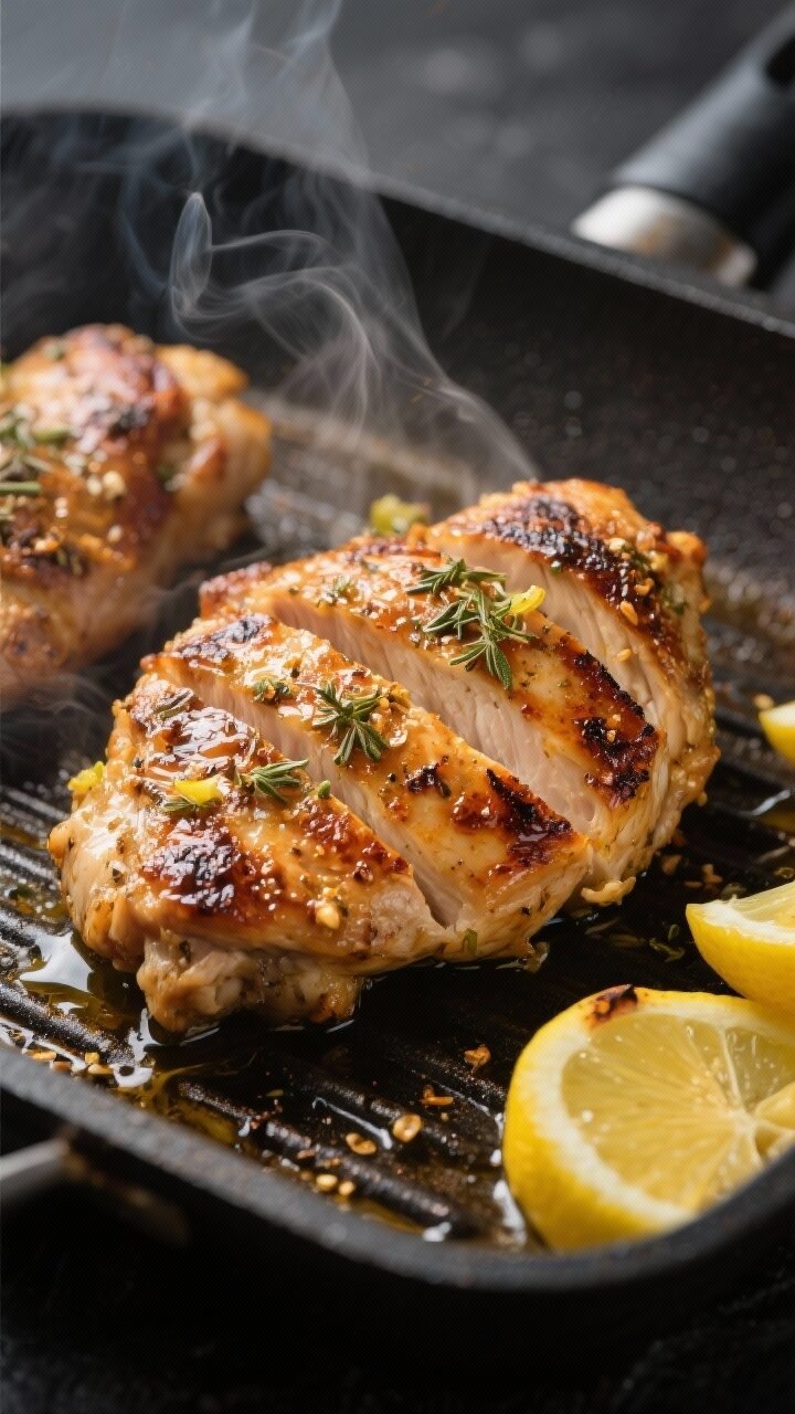 Cooking process, close-up detail: Sliced Greek-marinated chicken thighs sizzling on a lightly oiled 