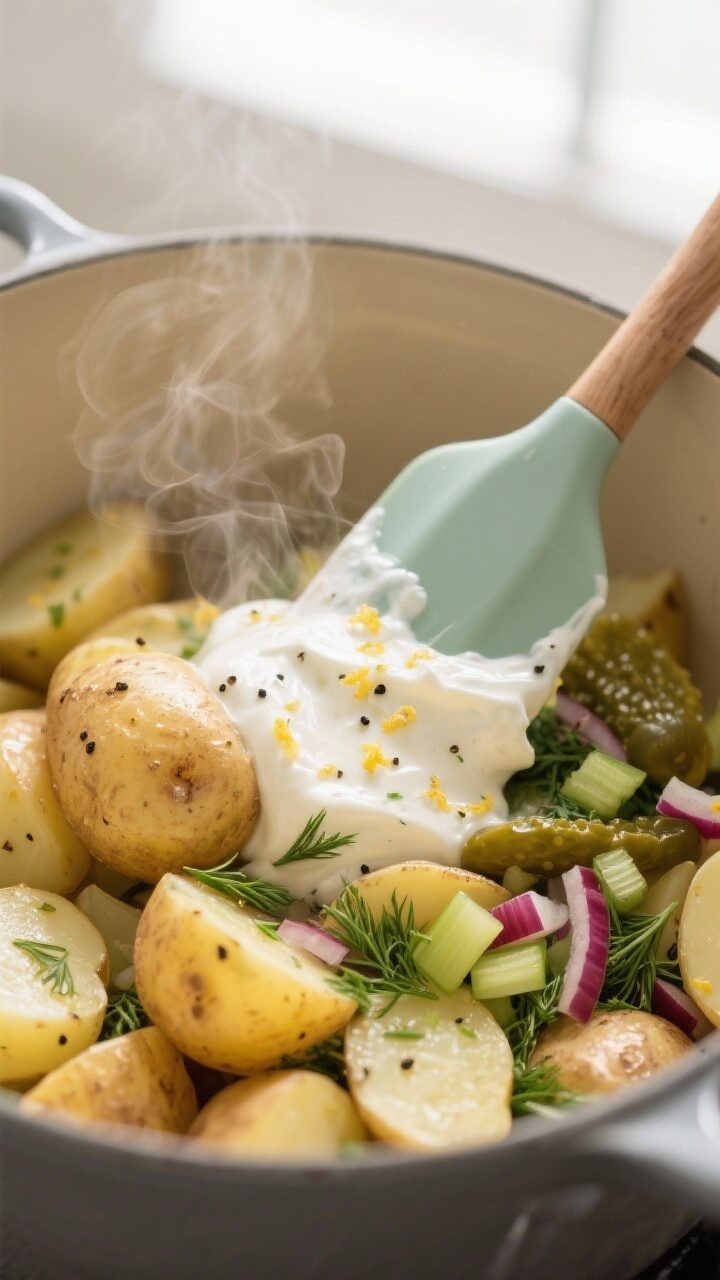 Cooking process, close-up detail: Steam-drying just-cooked Yukon Gold potato chunks in a warm pot, s
