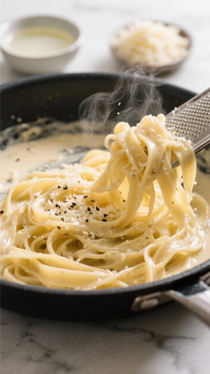 Cooking process close-up: Fettuccine Alfredo being tossed in a wide skillet, ribbons of just-cooked 