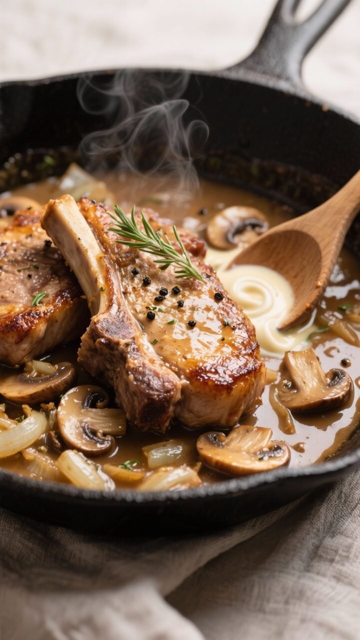 Cooking process close-up: Golden-browned bone-in pork chops being nestled back into a skillet of glo