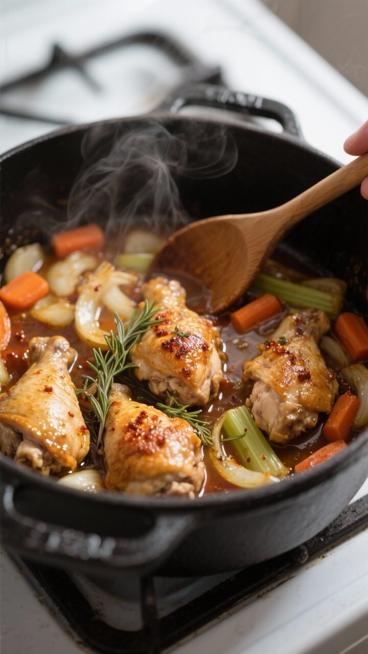 Cooking process close-up: Golden-browned chicken thigh pieces and sautéed onion, carrot, and celery