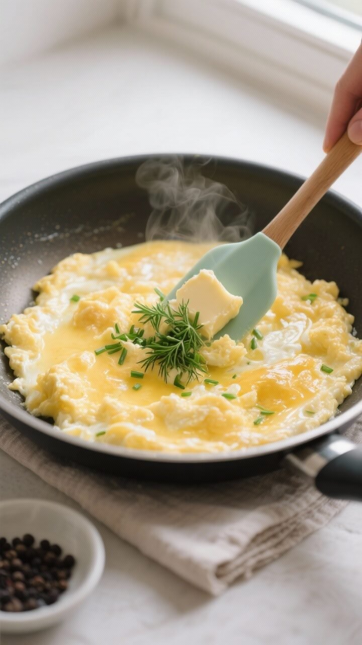 Cooking process close-up: Soft scrambled eggs mid-cook in a nonstick skillet over low heat, glossy c
