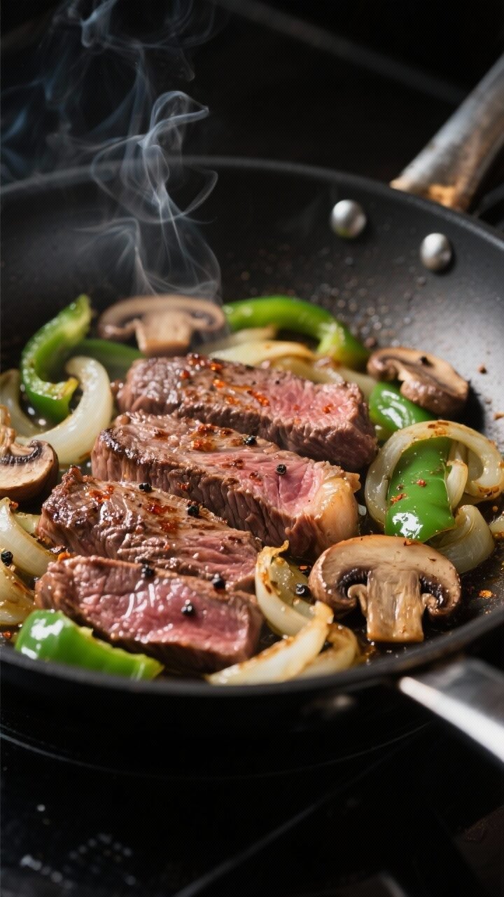 Cooking process close-up: Thinly sliced steak and sautéed onions, green bell peppers, and mushrooms