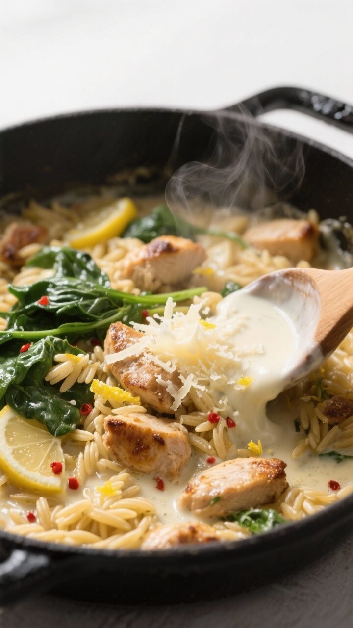 Cooking process close-up: Toasted orzo and sautéed aromatics in a matte black enameled Dutch oven, 