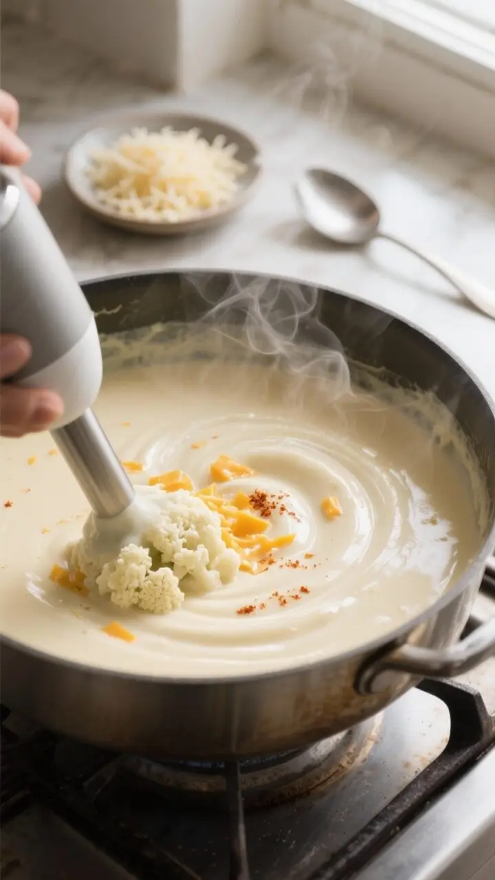 Cooking process close-up: Velvety cauliflower cheese soup being immersion-blended in a heavy-bottome