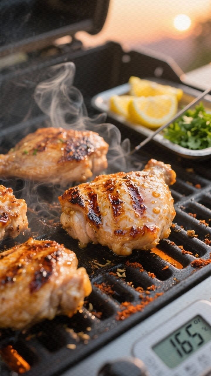 Cooking process, grill action: Close-up of boneless, skinless chicken thighs sizzling on a medium-hi
