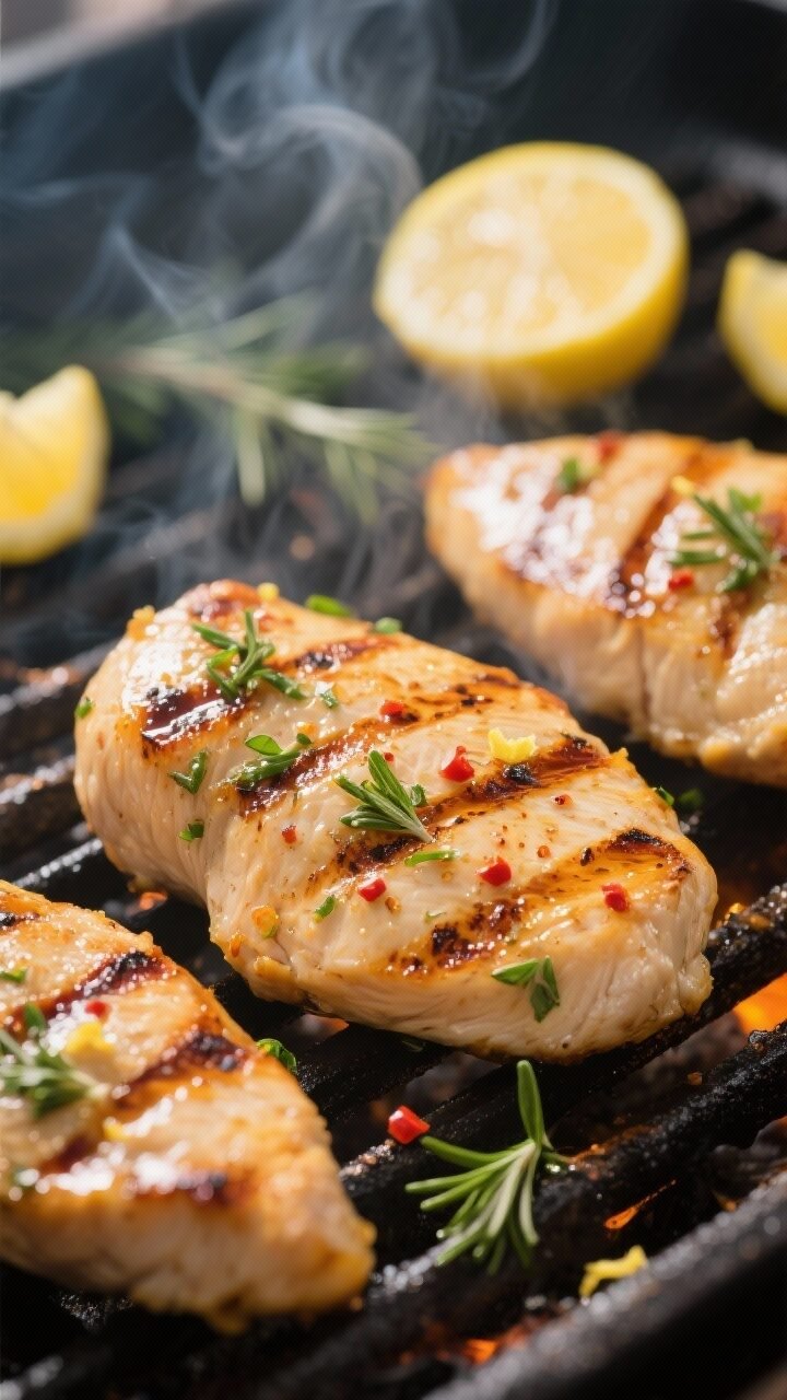 Cooking process, grill marks close-up: Close-up of grilled lemon herb chicken breasts sizzling on ho