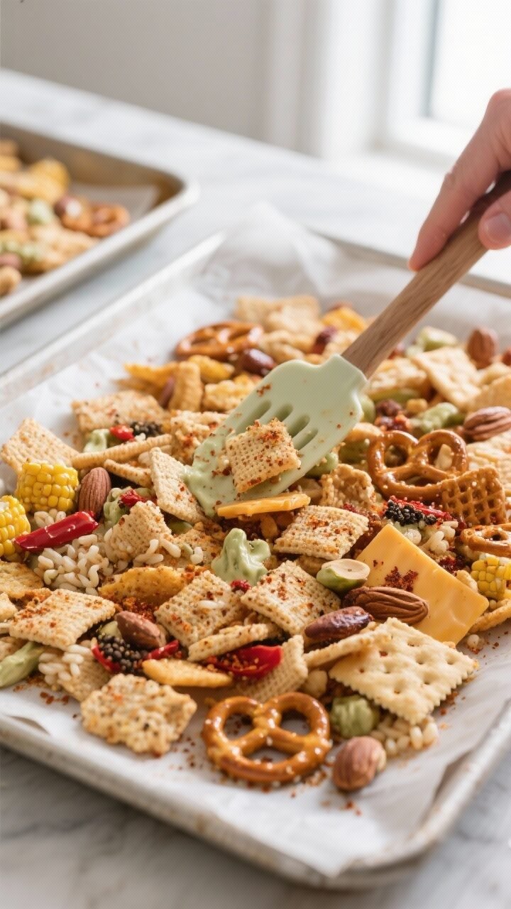 Cooking process, overhead action shot: A parchment-lined sheet pan filled with Spicy Ranch Chex Mix 