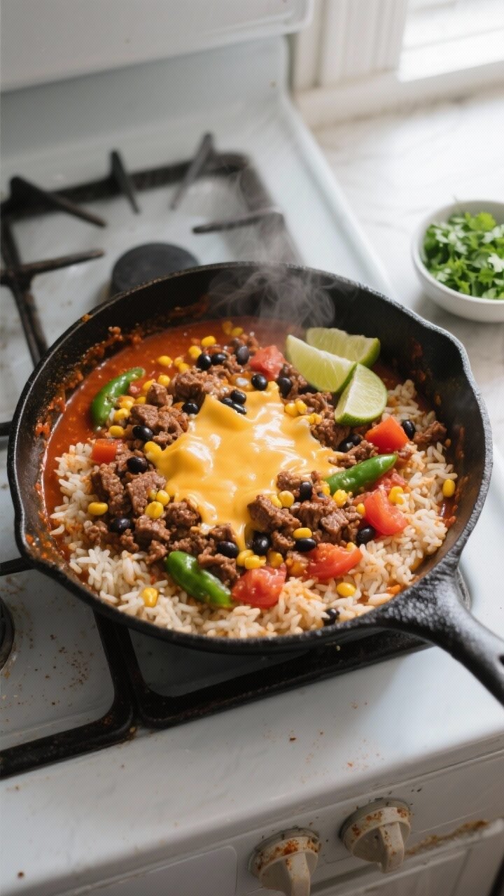 Cooking process, overhead: One-pan Cheesy Mexican Beef and Rice Skillet simmering in a large, deep b