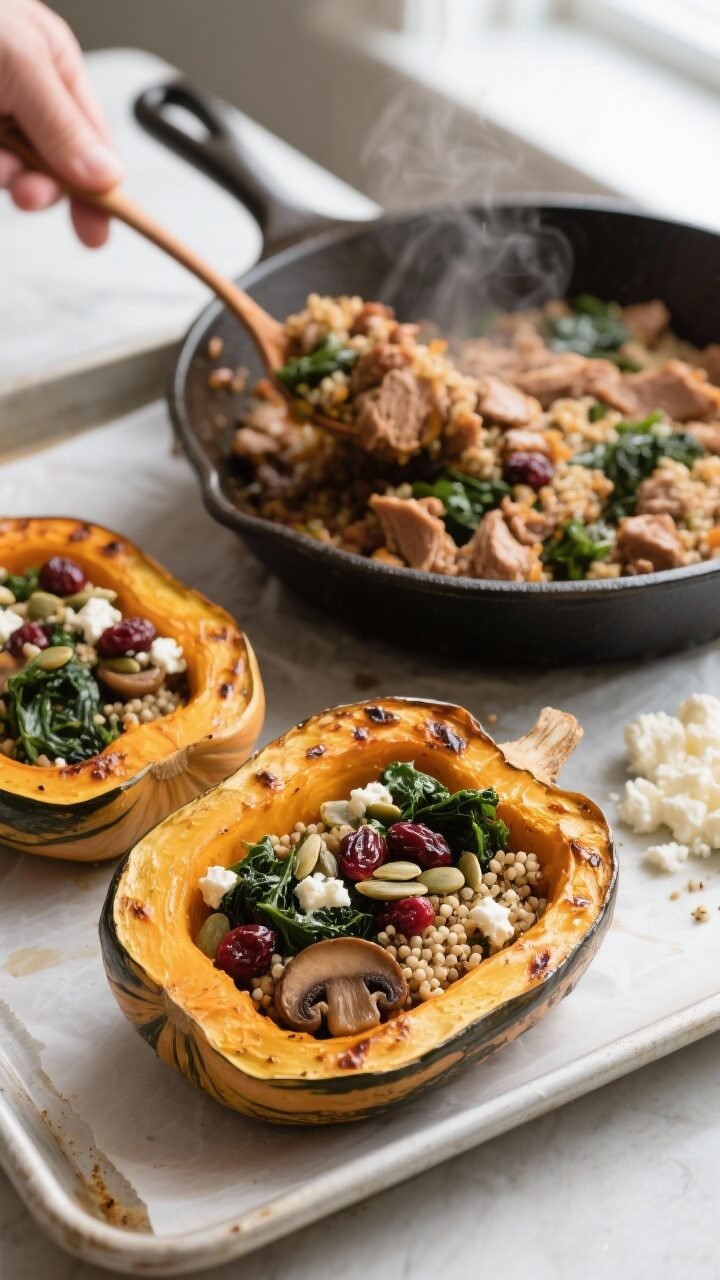 Cooking process, overhead: Overhead shot of roasted kabocha squash halves just flipped cut-side up o