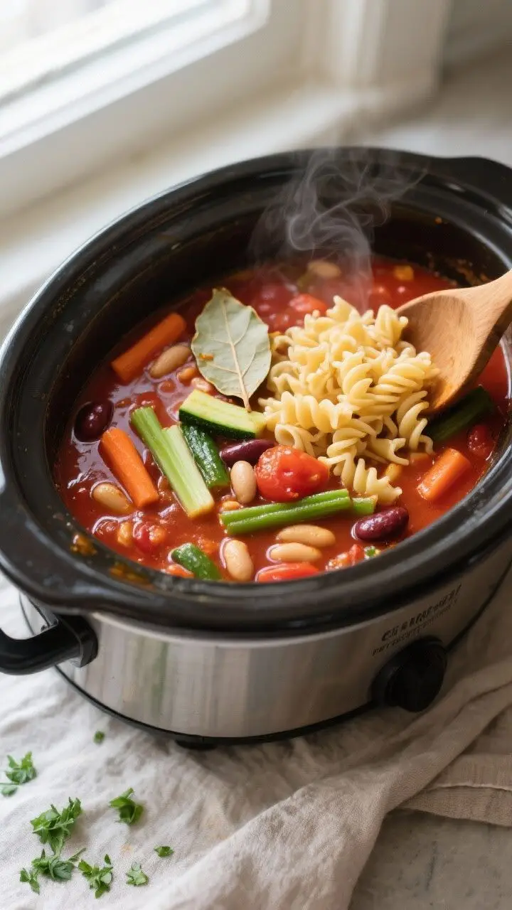 Cooking process, overhead shot: A slow cooker filled with simmering classic minestrone mid-cook, sho