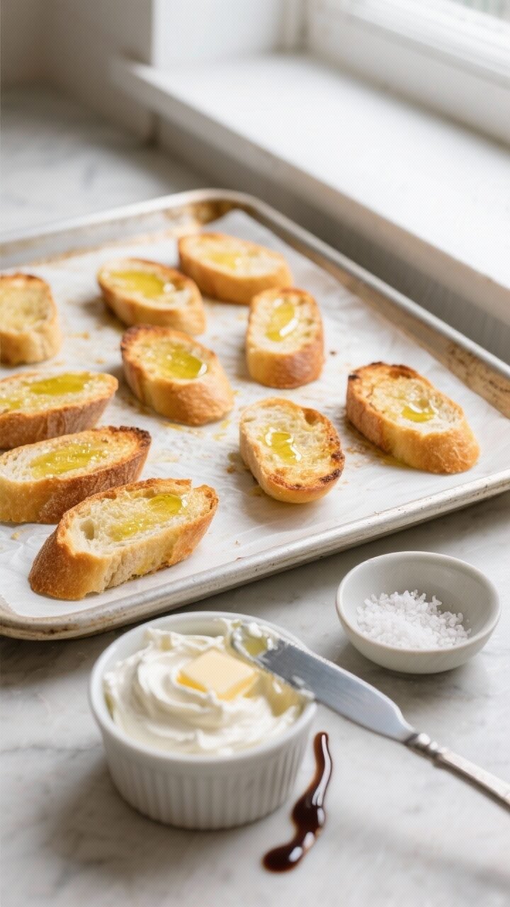 Cooking process, overhead shot: Golden crostini just out of the oven on a parchment-lined sheet pan,