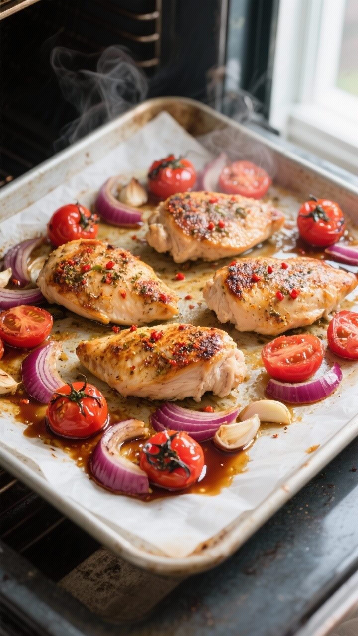 Cooking process — Sheet pan in the oven: Overhead shot of sheet pan bruschetta chicken mid-roast a