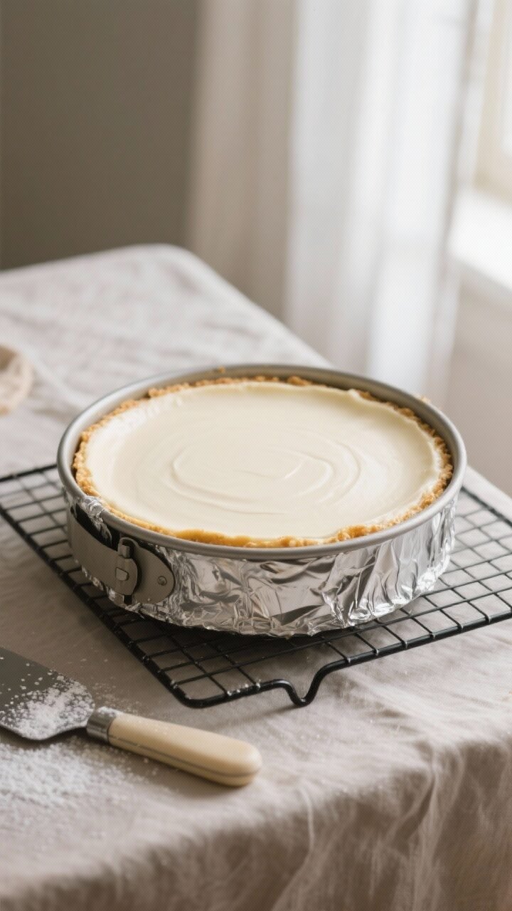 Cooking process shot: Italian ricotta cheesecake just baked at 325°F, still in a 9-inch springform 