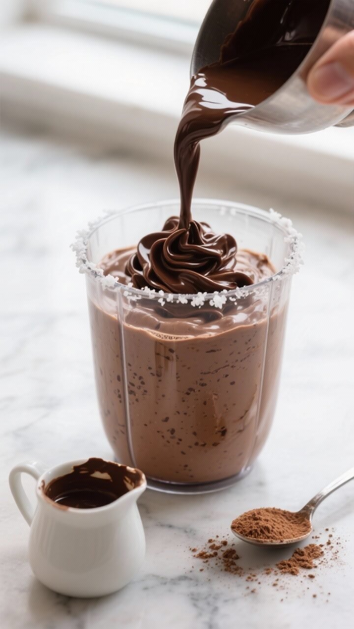 Cooking process — streaming chocolate: Silky high-protein chocolate mousse in progress, close-up o