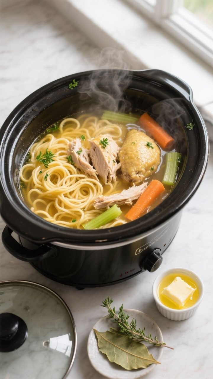 Cooking process, tasty top view: Overhead shot of a slow cooker just after the noodle step, showing