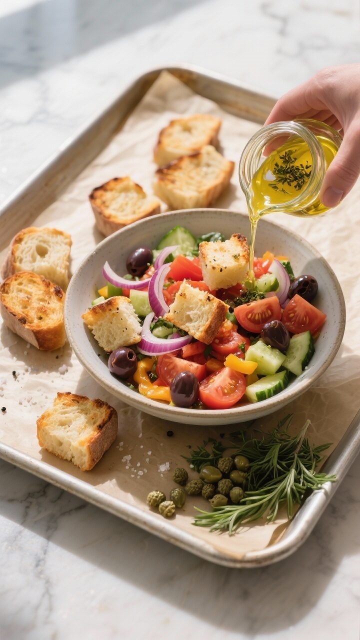 Cooking process – toasted bread and dressing coming together: Overhead shot of a large parchment-l
