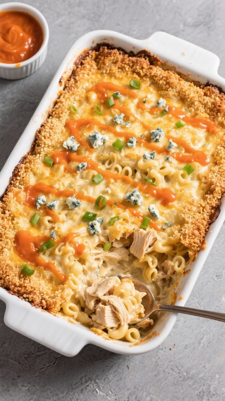Final casserole overhead beauty: A 9x13 baked Buffalo Chicken Mac & Cheese Casserole fresh from the 