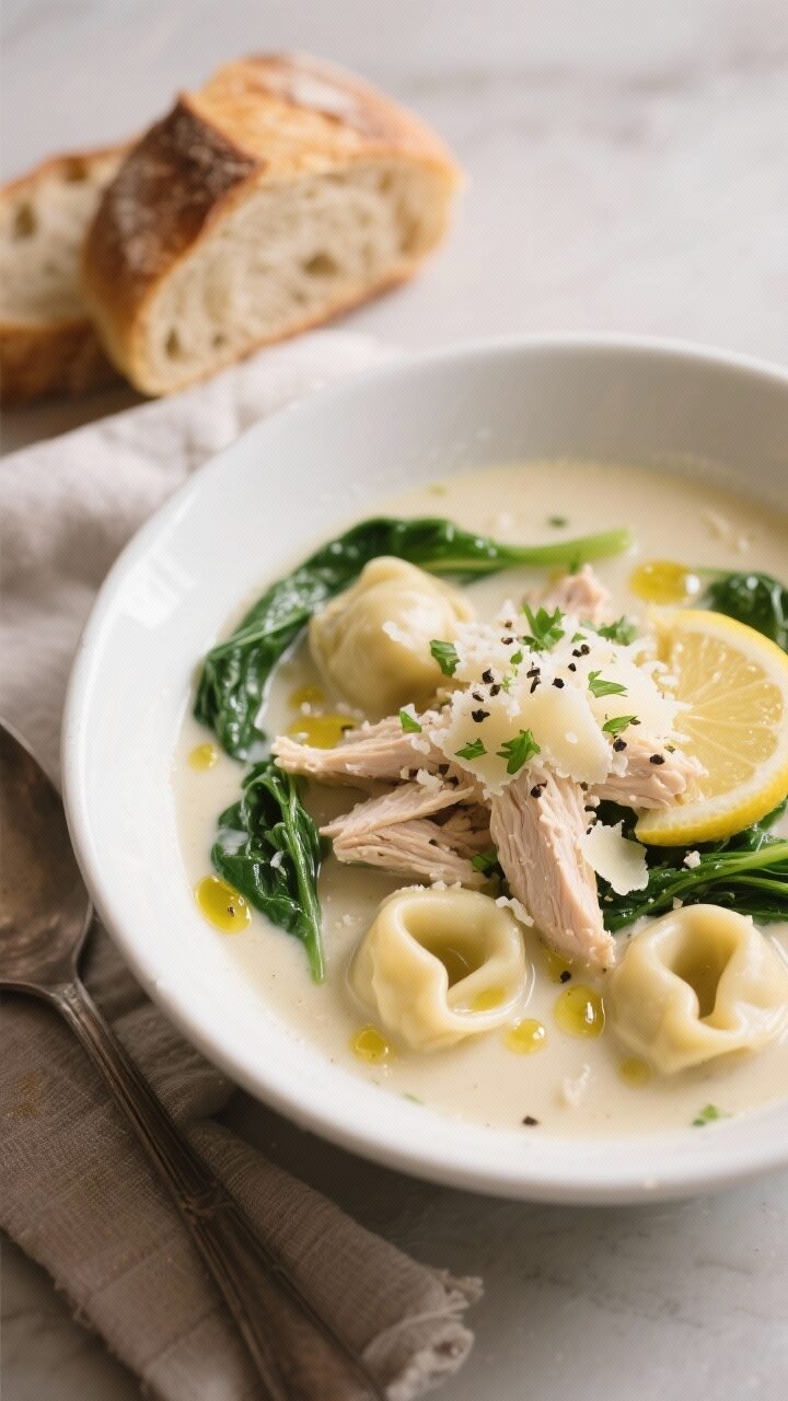 Final dish, close-up detail: A cozy, restaurant-quality bowl of Creamy Chicken Tortellini Soup plate