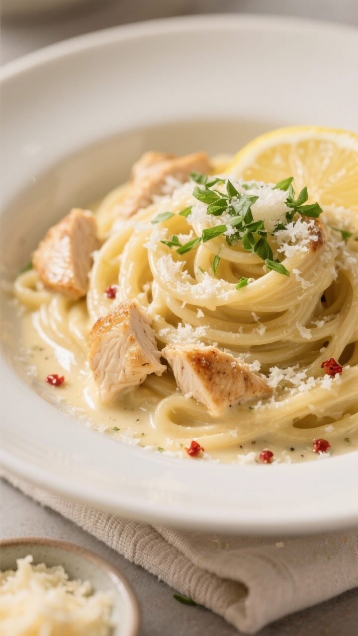 Final dish, close-up detail: Close-up of a twirled mound of one-pot chicken Alfredo on a warm white 