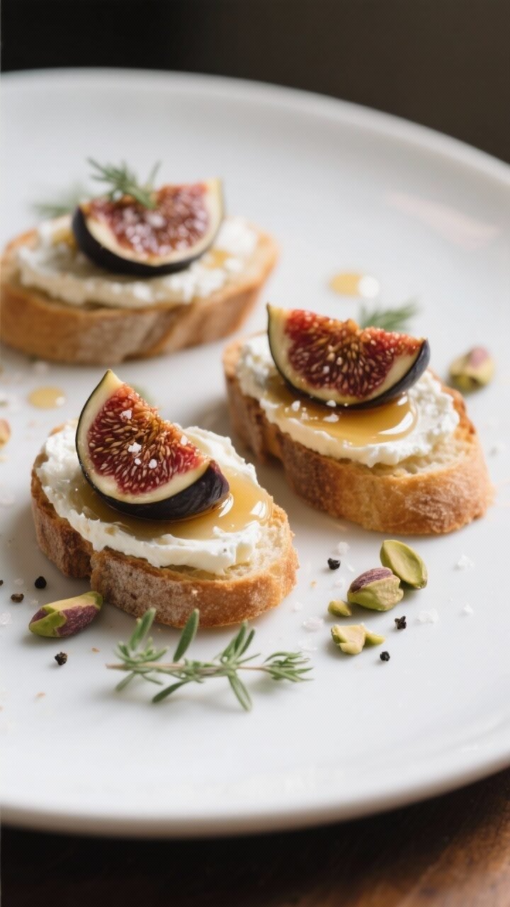 Final dish, close-up detail: Fig and goat cheese crostini assembled and plated on a matte white plat