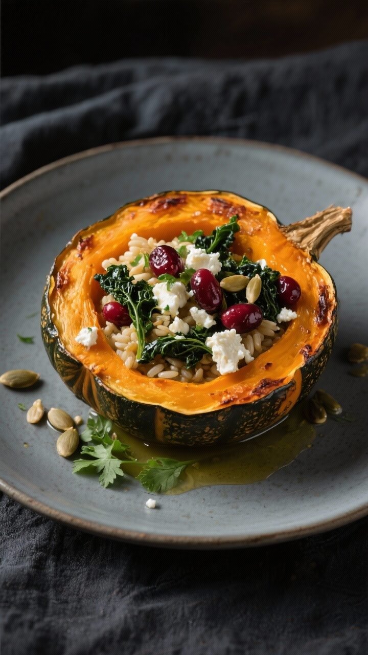 Final dish, close-up detail: Tight, shallow-depth close-up of a plated stuffed kabocha squash half o