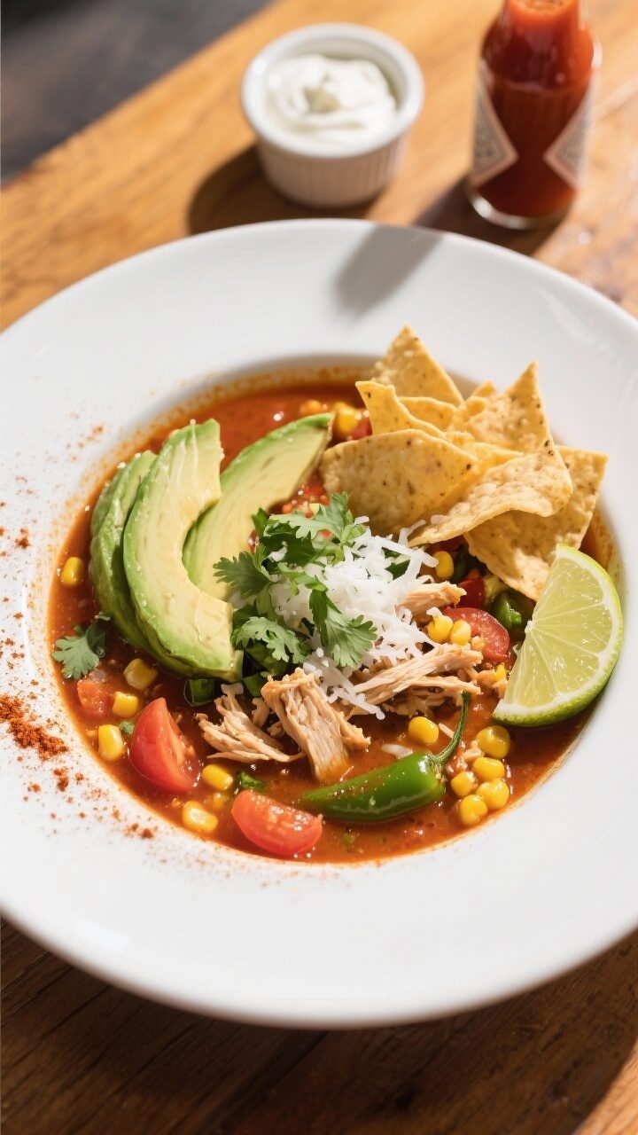 Final dish overhead: A bright, top-down shot of a bowl of Spicy Chicken Poblano Soup with Corn, rich