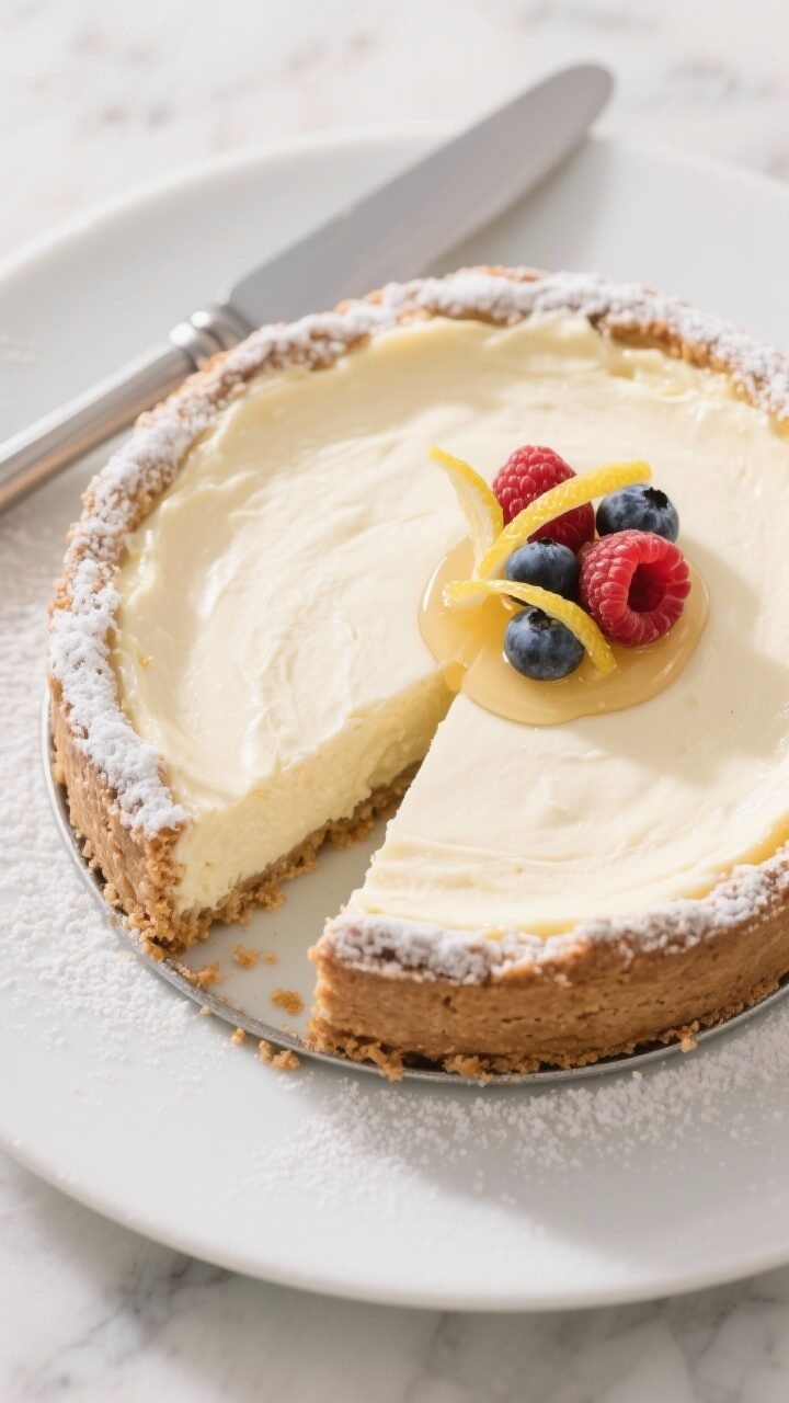 Final dish overhead: Elegant top-down shot of Italian ricotta cheesecake released from the springfor