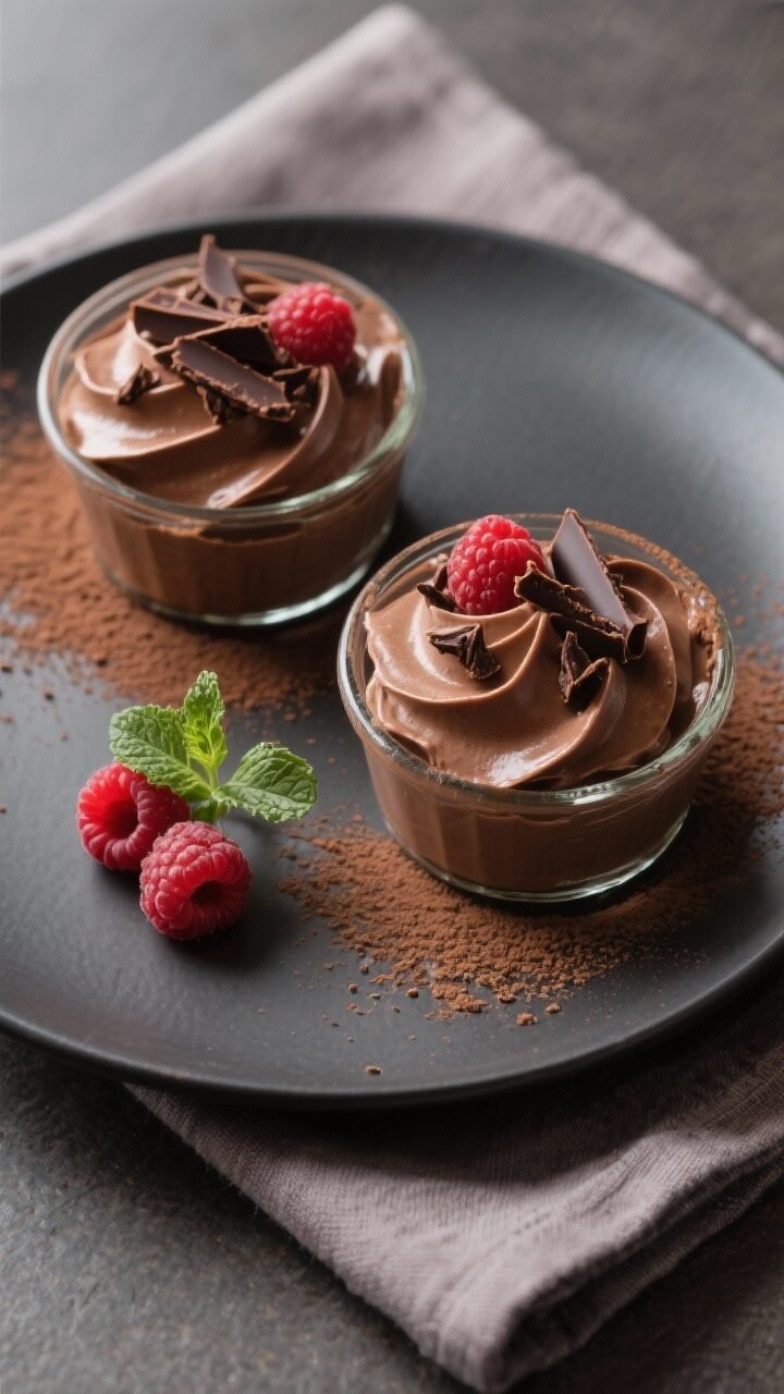 Final dish — overhead plated: Overhead shot of chilled high-protein chocolate mousse set in two sm