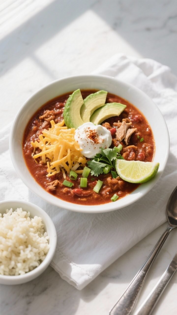 Final dish, overhead presentation: Overhead shot of a beautifully plated Keto Beanless Turkey Chili 