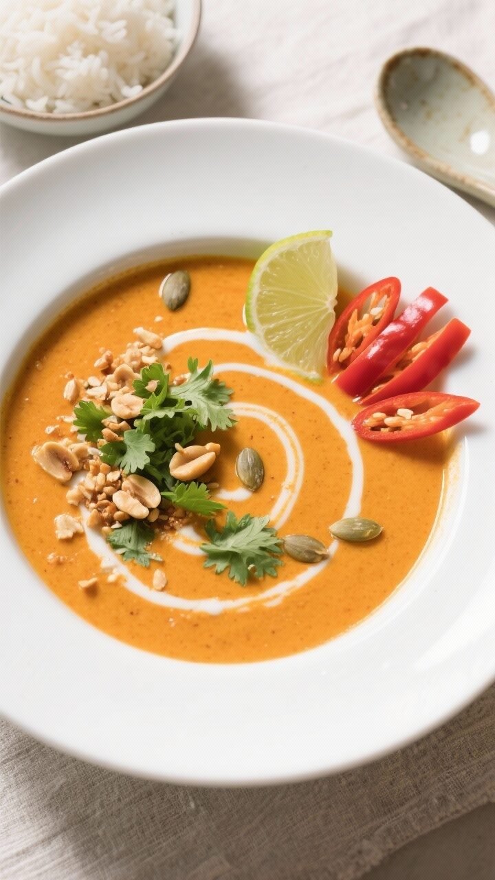 Final dish, overhead presentation: Tasty top-down shot of a wide white bowl filled with silky Thai s