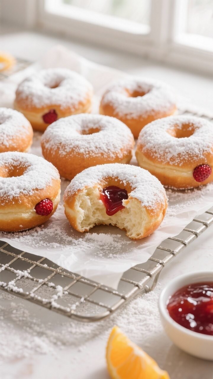 Final dish, overhead presentation: Top-down shot of freshly filled sufganiyot arranged in a loose cl