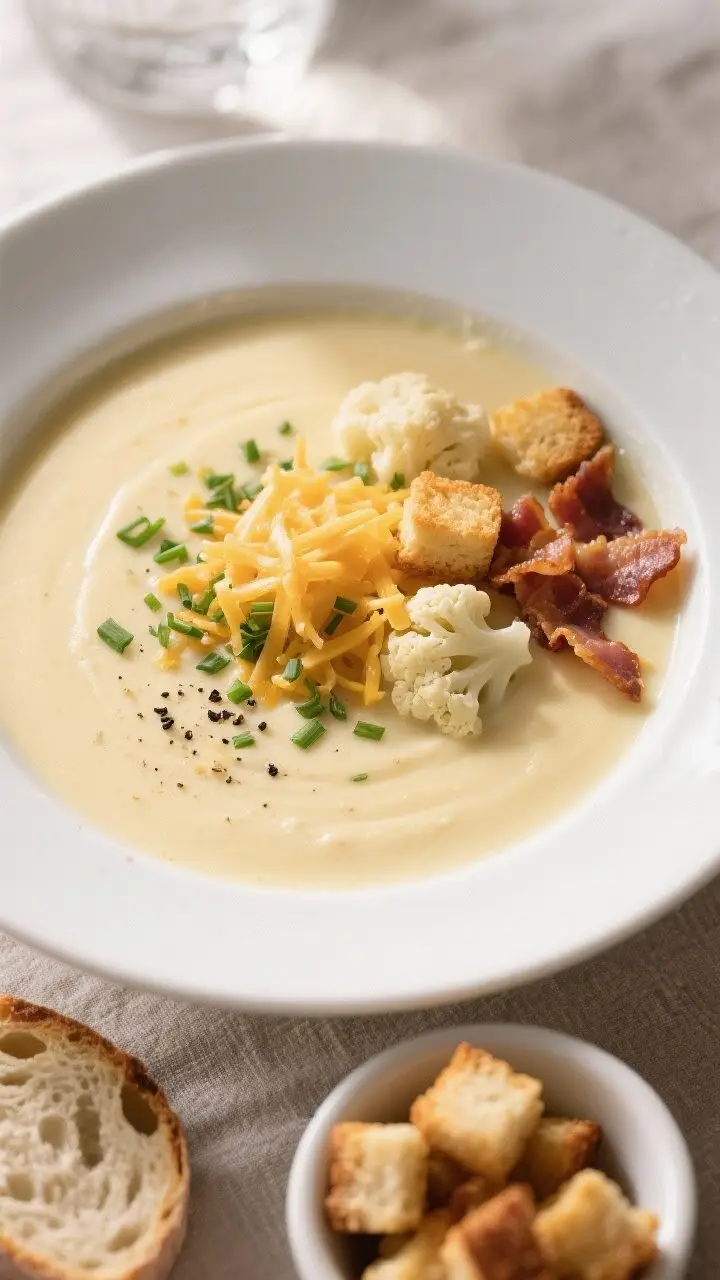 Final dish overhead: Restaurant-quality bowl of creamy cauliflower cheese soup, top-down shot showin