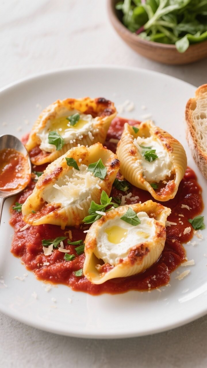 Final dish, : Overhead shot of baked ricotta-stuffed shells just out of the oven, sauce visibly bubb