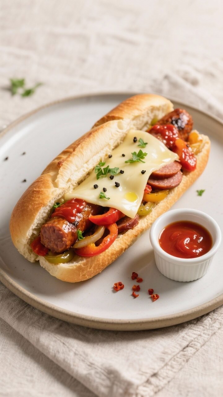 Final dish, overhead shot: Overhead, restaurant-quality sausage and peppers hoagie: split toasted cr