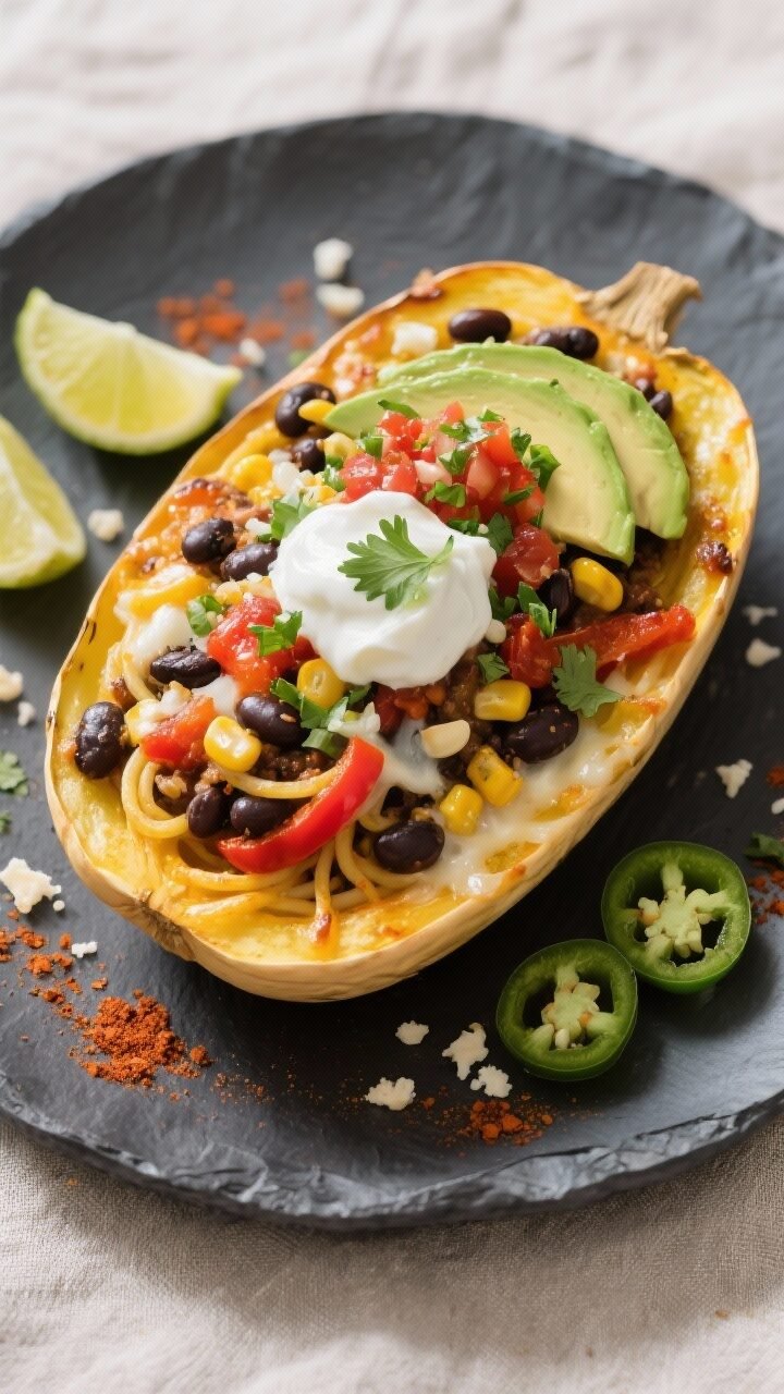 Final dish overhead: Tex-Mex spaghetti squash “boats” filled with a vibrant black bean–corn–