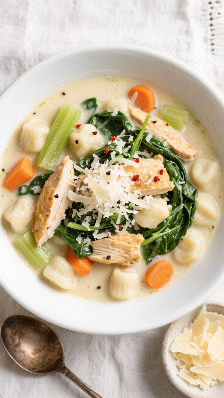 Final dish, tasty top view: Overhead shot of a generously filled white soup bowl of Olive Garden–s
