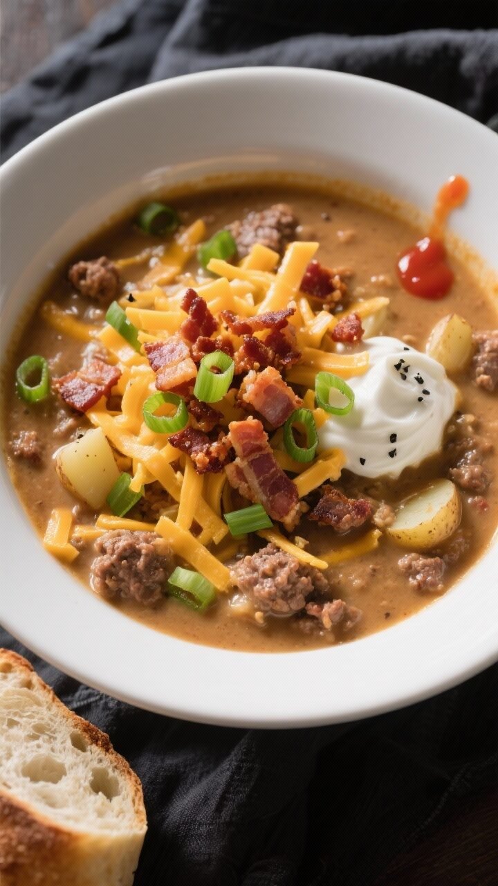 Final dish, tasty top view: Overhead shot of a hearty bowl of Loaded Potato Hamburger Soup, thick an