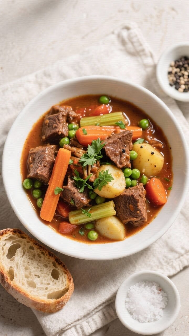 Final dish, tasty top view: Overhead shot of a hearty bowl of slow-cooked beef and vegetable stew, l