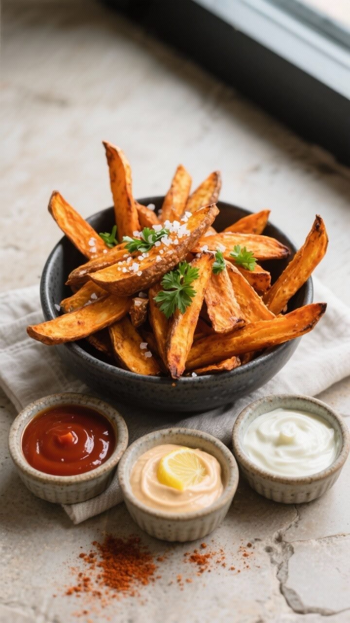 Final dish, tasty top view: Overhead shot of a heaping pile of baked sweet potato fries with deeply 