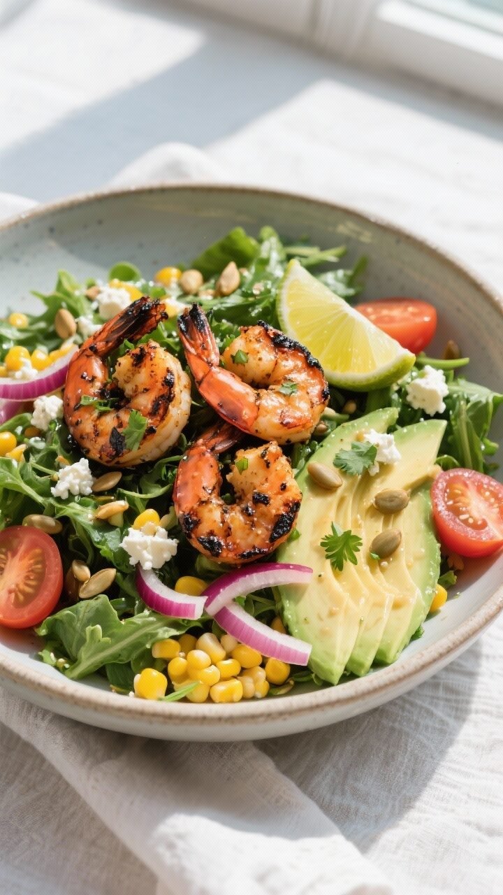 Final dish, tasty top view: Overhead shot of a vibrant blackened shrimp salad in a wide shallow cera