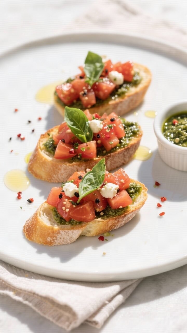 Final dish, tasty top view: Overhead shot of assembled tomato bruschetta with pesto on a matte white
