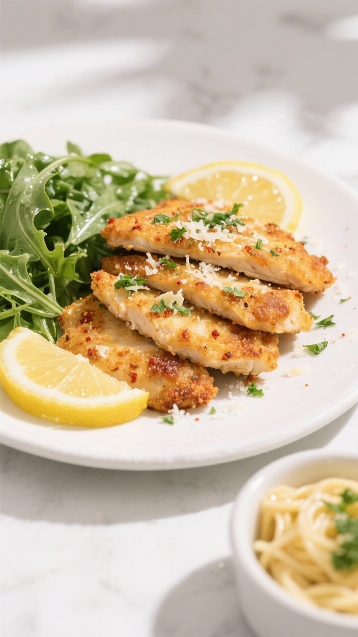 Final dish, tasty top view: Overhead shot of crispy Parmesan chicken cutlets stacked slightly overla