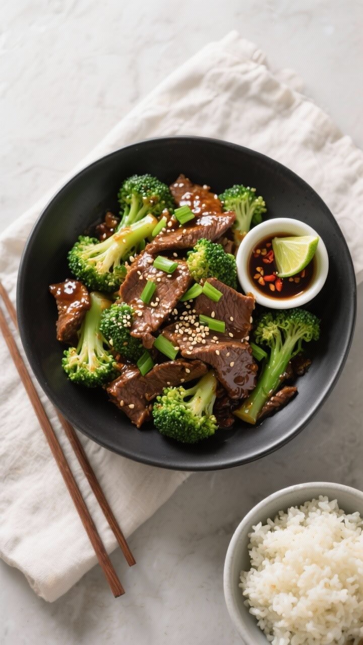 Final dish, tasty top view: Overhead shot of Keto Beef and Broccoli Stir Fry plated in a wide matte-